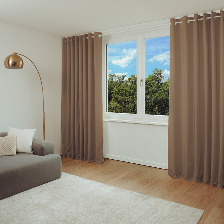 Schallschutzvorhang psssst 1.300g/m² taupe mit Ösen silber – schalldämmend
