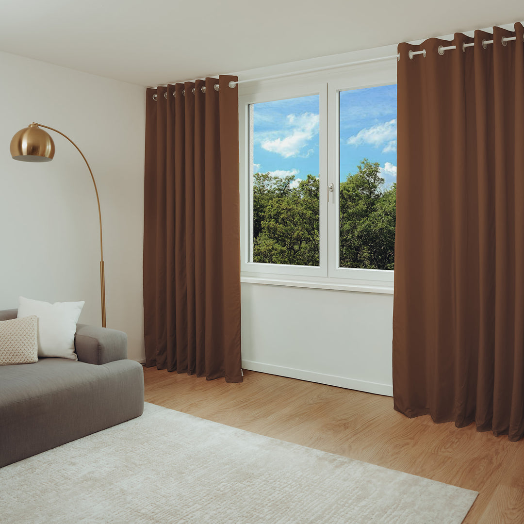 Schallschutzvorhang psssst 1.300g/m² walnuss mit Ösen silber – schalldämmend